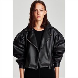 ZARA Puff Sleeve Vegan Leather Cropped Moto Jacket